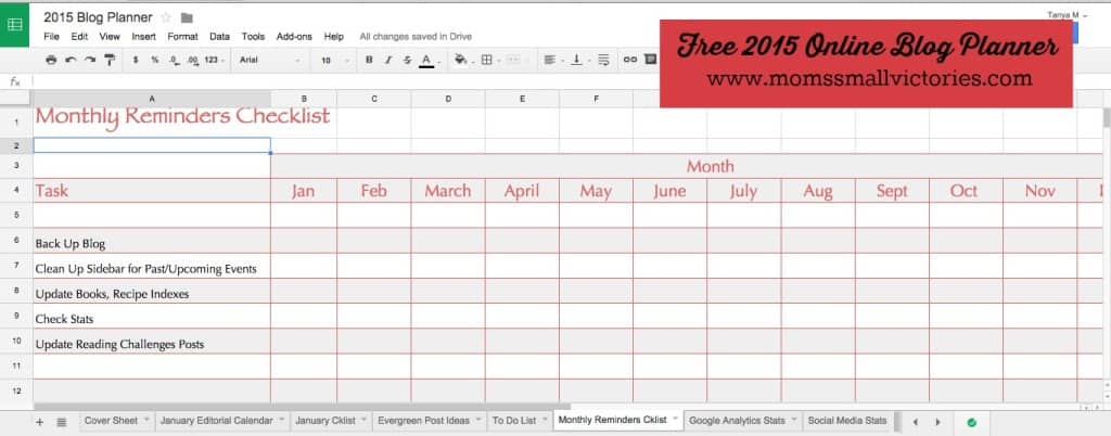 Monthly Reminders Checklist in our Free 2015 online blog planner can be used in Google Drive, Excel or printed