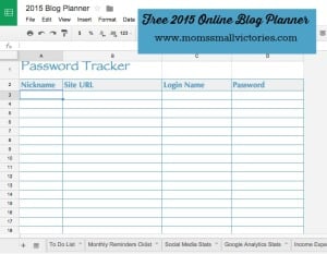 Password Tracker in our Free 2015 online blog planner can be used in Google Drive, Excel or printed