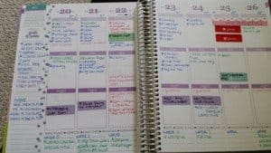 A peek inside my Erin Condren Planner. Color coded: blue for to do list, green for meal planning, pink for gratitude, red for appointments and purple for my blog work.