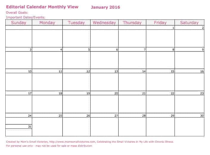 12 Monthly Editorial Calendars in my free 2016 blog planner. Jot down your monthly goals, important dates & events, blog post ideas, chat and webinar schedules for your blog. Available for download to Google Drive, Excel or PDF.