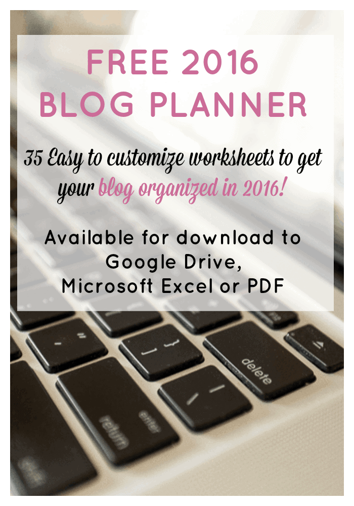 Free 2016 Blog Planner with 35 easy to customize worksheets to get your blog organized in 2016. Calendars, checklists, and trackers so you can keep all your blog ideas organized and at your fingertips when and where you need it. Available for download to Google Drive, Excel or PDF.