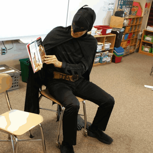 My Superhubby dressed as Batman to read I am Jackie Robinson for my middle son's boys book club. #SuperheroesRead, don't you think?
