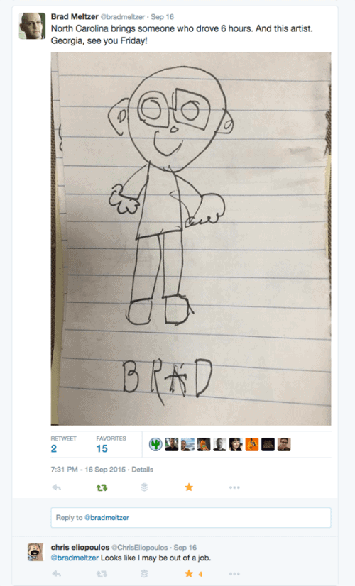 My youngest son loves to draw and drew a picture of Brad Meltzer at his book signing at Flyleaf Books. Brad graciously accepted the drawing and the next day it appeared on Twitter. The response from the illustrator of his Ordinary Heroes children's book series, Chris Eliopoulus, totally made our day! 
