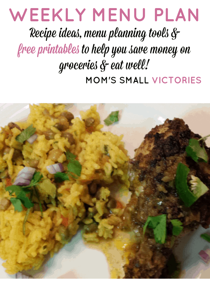 My Weekly Menu Plan, menu planning tools and free printables to help you save money on groceries and eat well. Pictured: Jerk Chicken and Arroz con Gandules I make when we are in the mood for delicious Caribbean food! 