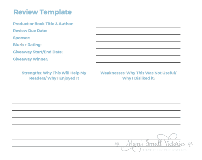 The review template is one of the customizable worksheets in the Ultimate Free Blog Planner You Need to Build a Successful blog