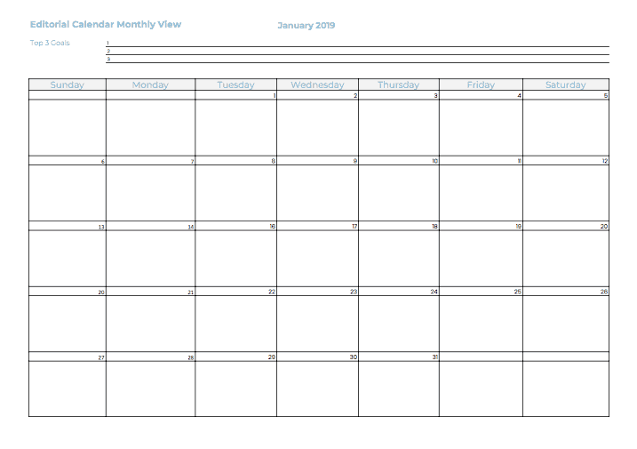 12 Monthly Editorial Calendars in the free blog planner to help you narrow down your top 3 goals and plan your content ideas.