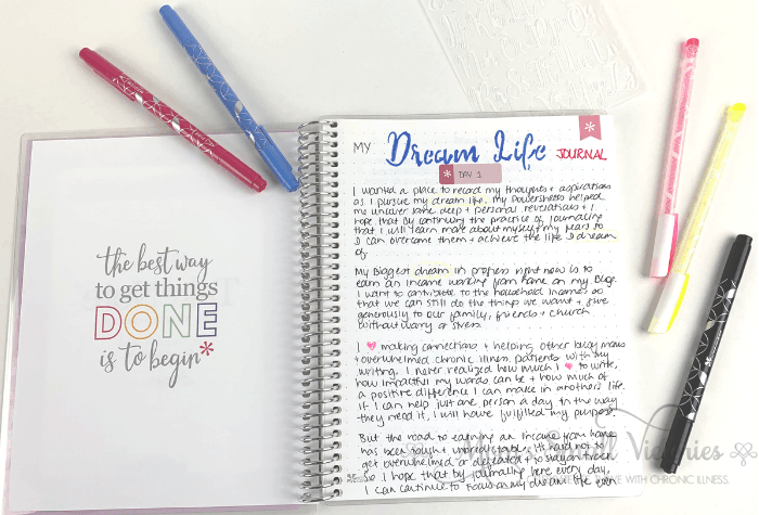 'm using the erin condren coiled notebook for my dream life journal. shown here are coiled notebook, inside page with my journal entry and erin condren dual tip markers 