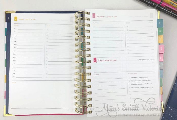 The Daily Simplified Planner Review. The 2019 2020 daily simplified planner pages has Saturday and Sunday sharing a page. Each day has a smaller section for what's happening in the day and to do's and Sunday includes 4 Weekly Prep items filled in that are Emily Ley' s recommendations for what to do to prep for the week ahead. 